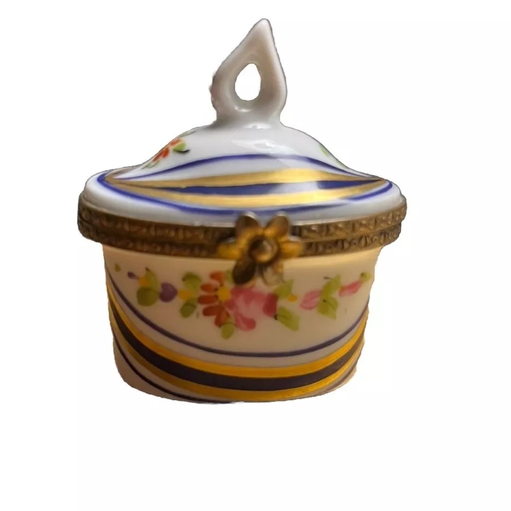 Limoges Blue Crown Trinket Box Floral Signed Vintage Signed